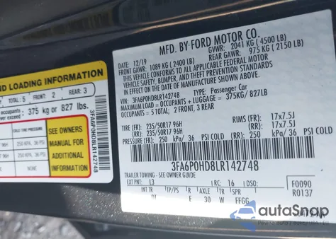 2020 Ford Fusion Se из США, поврежденный, VIN 3FA6P0HD8LR142748